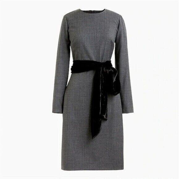 J. Crew Sheath‎ Dress Wool Blend Long Sleeve Velvet Belt Tie Charcoal Women Sz 2 - Picture 8 of 8
